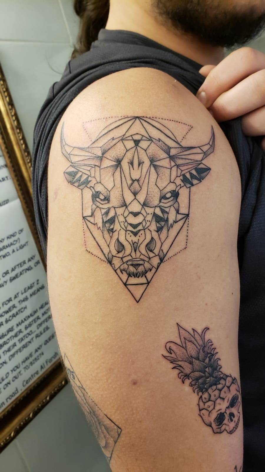 Hellhound Tattoos - Geometric Bull Tattoo by Artist Jayde Maddeline Tattoos  Photo by Byron Rhoda | Facebook